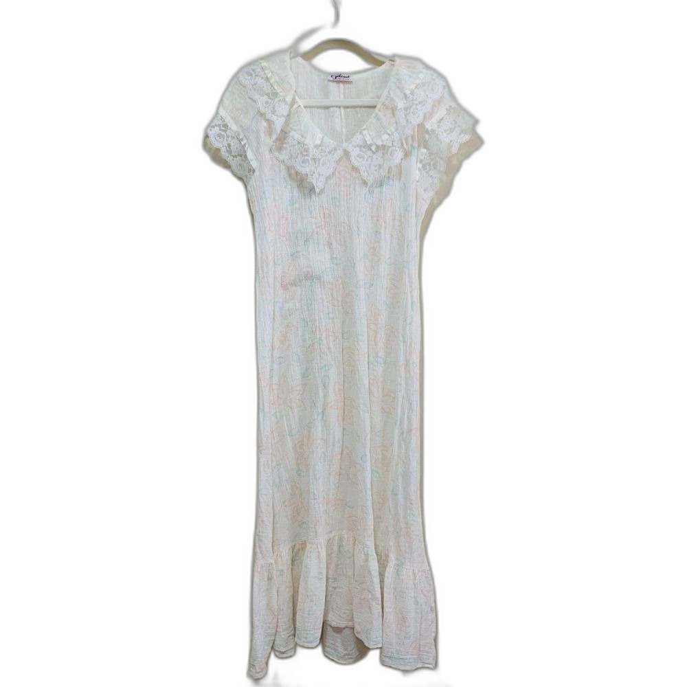 Vintage Gilead Lace Trim Maxi Nightgown in Soft Pastel Floral Cotton Gauze
